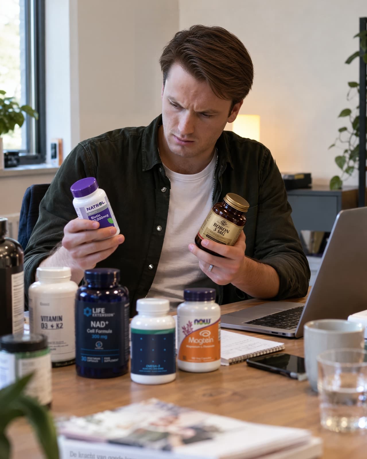 Leo compara dois frascos de suplementos na sua secretária